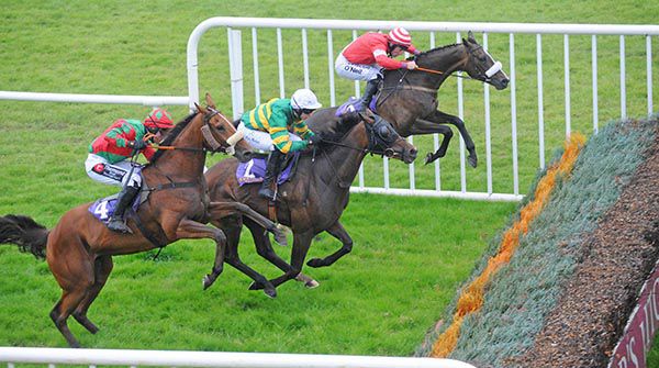 Roevin Star (nearside) challenges William Du Berlais and Naughty Molly (far side) two out