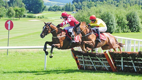 Sharlanda (far side) and Touch Of Gold jump the last