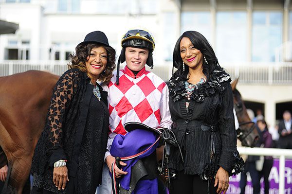 Denis Linehan pictured with Debbie and Kim of Sister Sledge who play after racing at Leopardstown this evening
