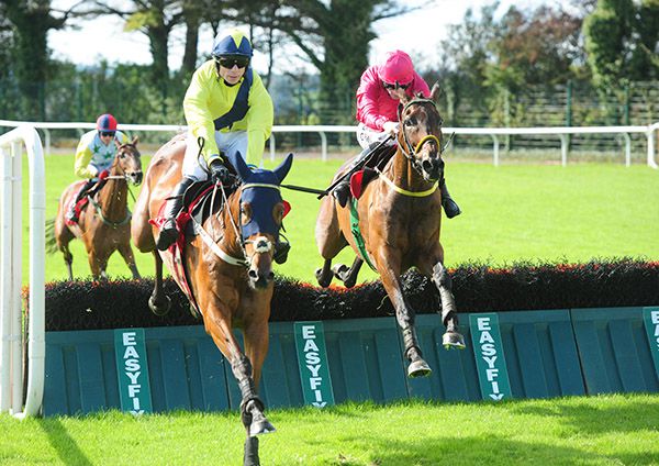 Suncroft just leads eventual winner Moyross (pink) over the last