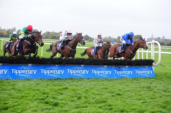 Shane Shortall (red cap) took the 4.30 at Tipperary on Persistent