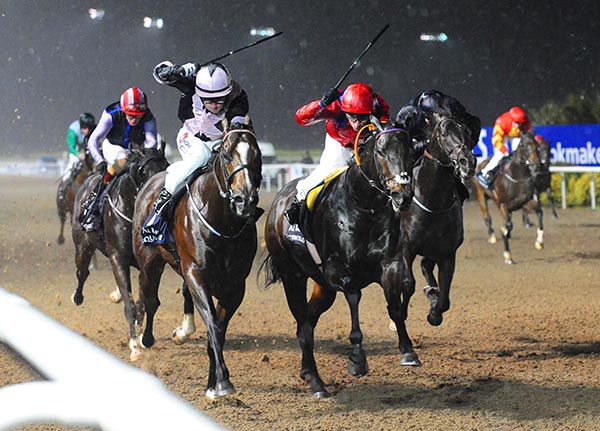 Red silks David Allan gets Take Cover home from Hit The Bid and Leigh Roche (nearside)
