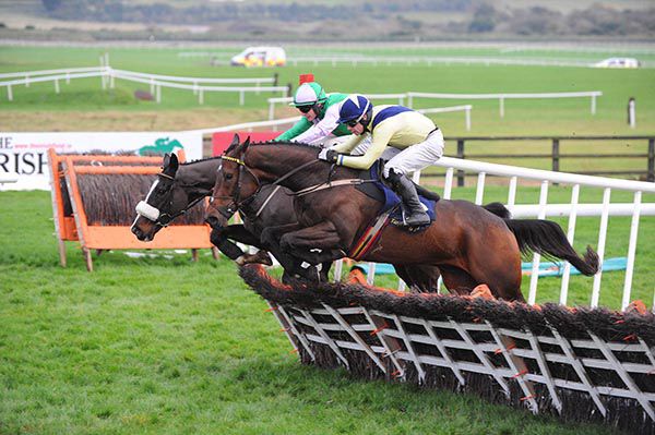 Dom Dolo and Denis O'Regan (nearside) got the better of Mighty Stowaway and Paul Townend
