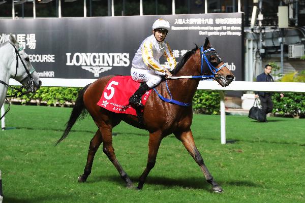 Derek Leung returns after scoring his second win of the night on Magnetism in the Stirling Handicap.