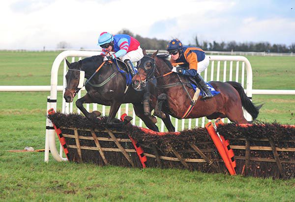Pound A Stroke (left) and Ard Na Carraig  jump the last together