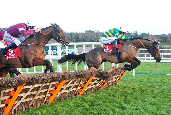 Espoir d'Allen (Mark Walsh) leads over the final hurdle 