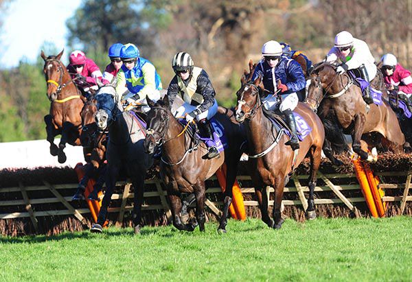 Flawless Escape (blue/light green) jumping the final hurdle before the straight