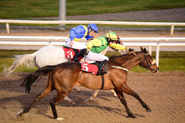 Catchy Lass (Conor McGovern nearside) just beats Six Silver Lane (Adam Farragher)