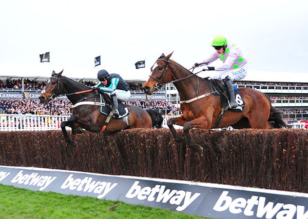Altior (left) and Min jump the last together in the 2018 Queen Mother Champion Chase