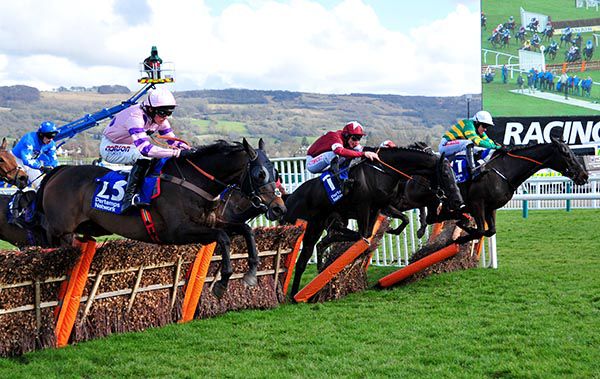 Delta Work (maroon) and Glenloe (green & gold) fight it out from the last