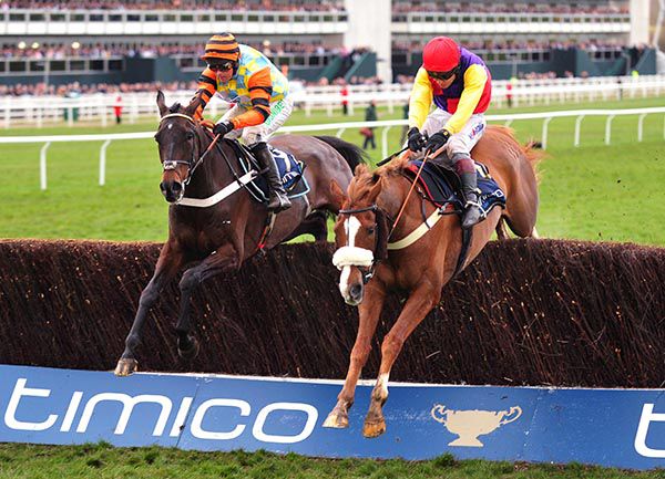 Native River (right) and Might Bite battle it out at Cheltenham last March