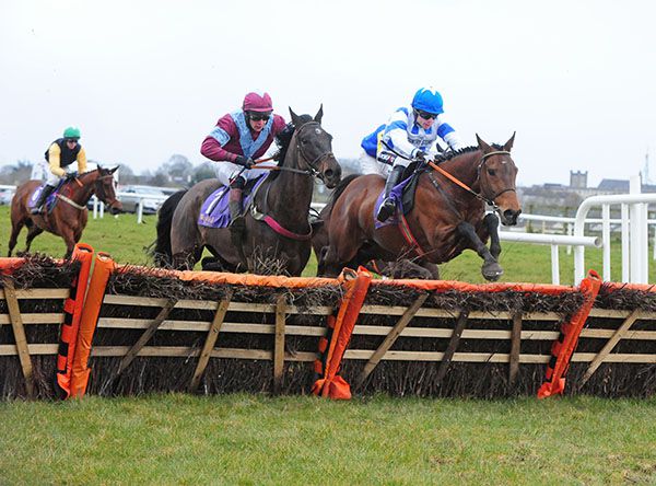 White and blue colours Denis O'Regan leads aboard Brave Out from Newsworthy and Simon Cavanagh