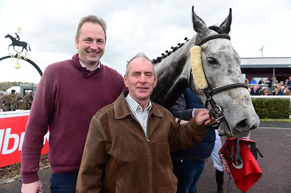 Shanklys Dawn and owner James Guilfoyle with trainer Philip Rothwell after their win