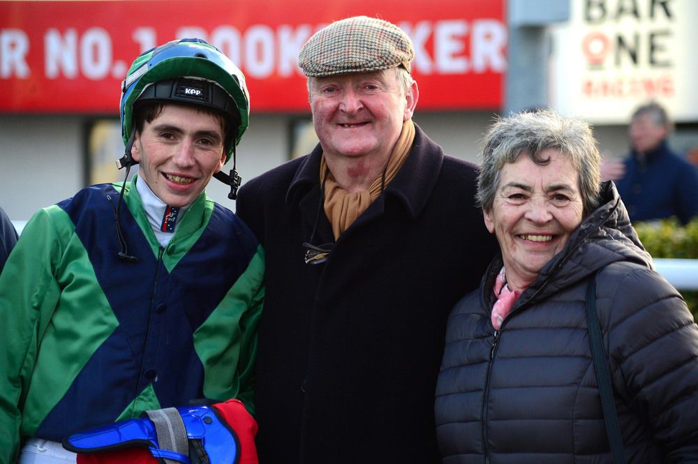 Jockey David Simmonson with owners Lar and Helen Dempsey 