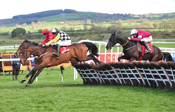 Next Destination jumps the last with Kilbricken Storm (partly hidden), while Delta Work is close-up in third at the last