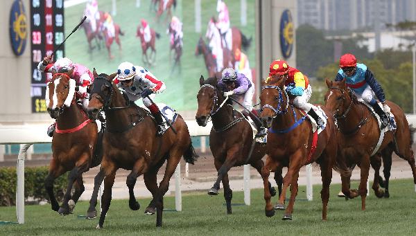 Sleep Education (red and yellow cap) finishes a creditable third at Sha Tin two starts back.