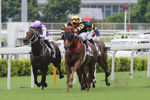 Glorious Forever (in gold/black) breaks the Sha Tin 2000m course record