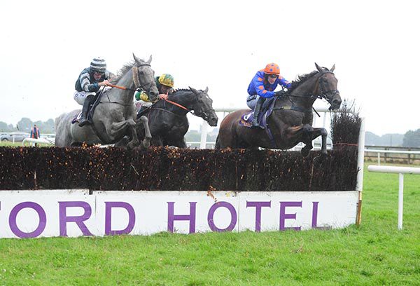 L to R - Grey Mountain Mist (Sean Flanagan), Canny Tom (Davy Russell) & Da Baba Elephant (Danny Mullins, winner)