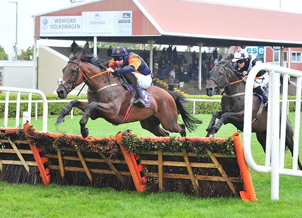 A lovely shot of Cappacon (Barry Browne) jumping the last from Oskar High (Darragh O'Keeffe)