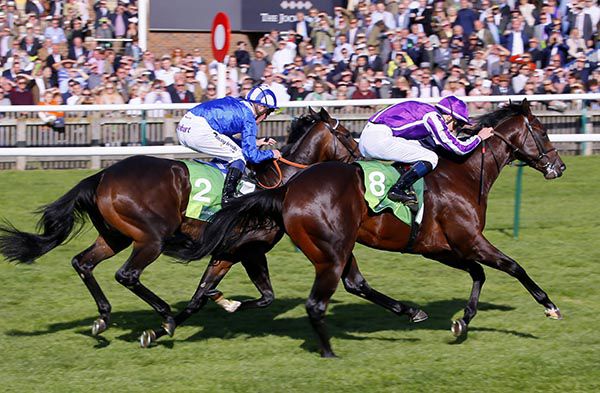 Ten Sovereigns (nearside) and Donnacha O'Brien landing the 2018 Group One Juddmonte Middle Park Stakes at Newmarket.