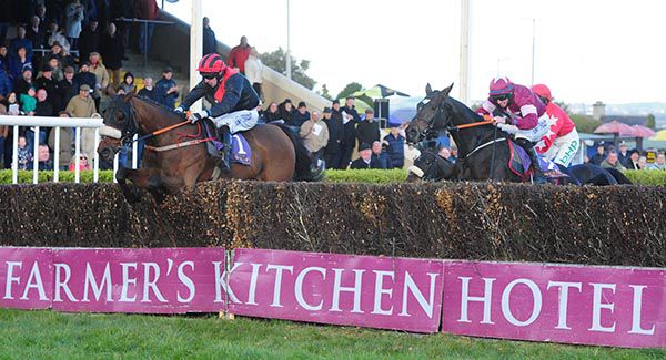 Peregrine Run jumps the second last from Dinaria Des Obeaux in second