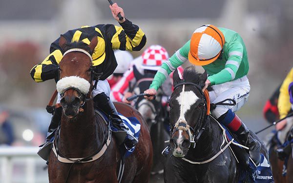 Aspen Belle (right) is ridden out by Killian Leonard to beat Idalia 