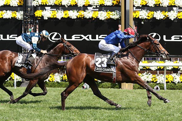  CROSS COUNTER and Kerrin McEvoy winning the 2018 Lexus Melbourne Cup for trainer Charlie Appleby 