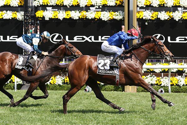  CROSS COUNTER and Kerrin McEvoy winning the 2018 Lexus Melbourne Cup for trainer Charlie Appleby 