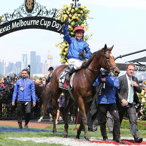 Cross Counter (Kerrin McEvoy) with trainer Charlie Appleby (right) after winning the Lexus Melbourne Cup