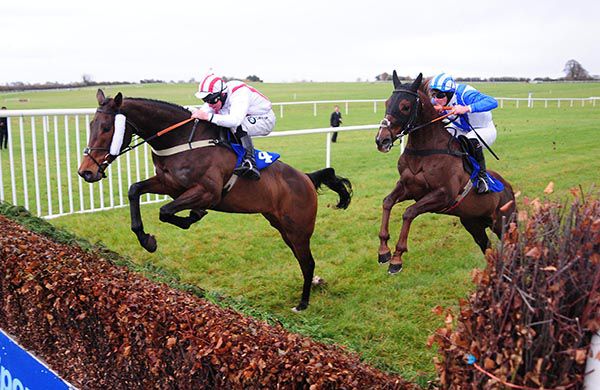 D'bru Na Boinne takes off just ahead of Can't Be Done at the final fence