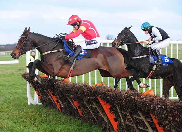 Irish Lass (Ruby Walsh) leads Ozzie's Way over the last