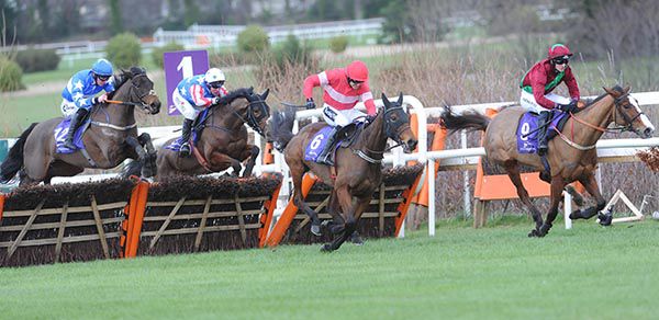 Sassy Diva (left) jumping the last before powering home on the run-in