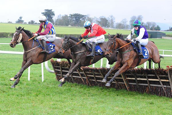 Reine Fee (far side) jumps the last with Janeymac and Claregate Street