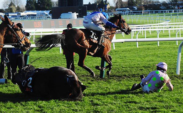 Benie Des Dieux and Ruby Walsh crash out as Roksana and Harry Skelton race on for the win