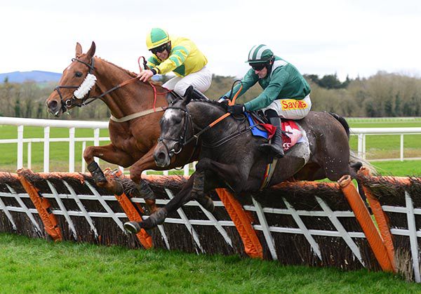 Whereyounow (Sean Flanagan, nearside) comes to beat stable companion Lagenod (Philip Enright)