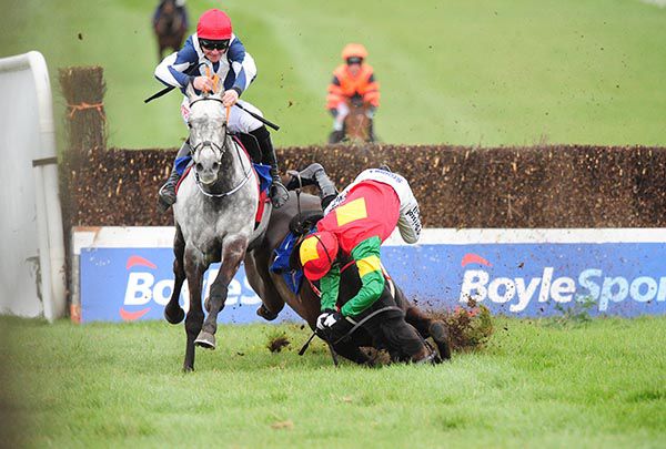Benruben and Mark Enright crash out leaving Cubomania and Davy Russell clear for the win