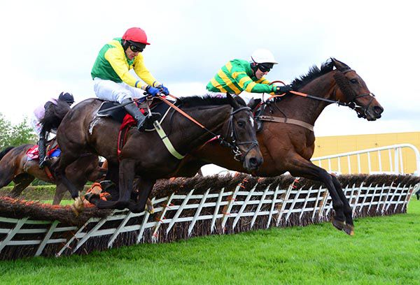 2019 Unowhatimeanharry (far side) jumps the last alongside blundering Vision Des Flos