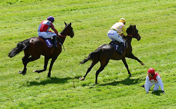 Araukan (Katie O'Farrell) races for victory from Big Tree (Paul Townend) after Bryan Cooper was unseated from Shawshank