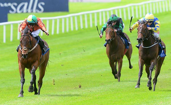 Hathiq (left) pictured on his way to victory at the Curragh last month