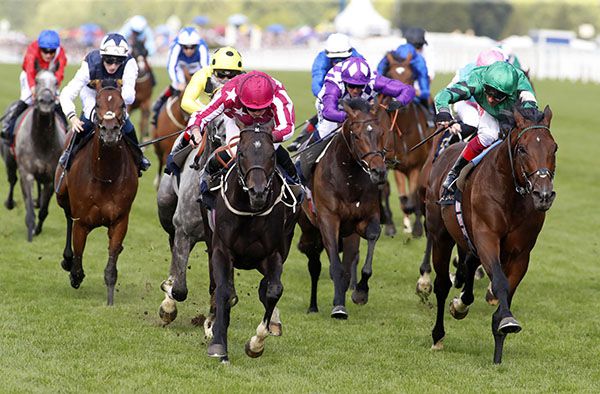 Ryan Moore (maroon & white) on Baghdad just holds Frankie Dettori on Ben Vrackie (right)