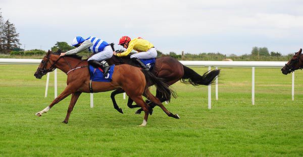 Justina (Tom Madden, nearside) beats Potala Palace (Donnacha O'Brien)