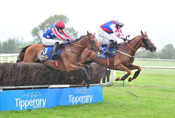 Ocean Glandore, far side, jumps the last with Holly Flight