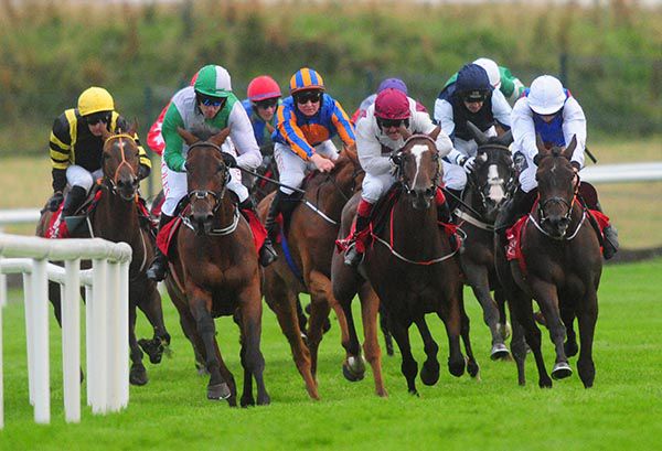 RUSSIAN DIAMOND (second left ,green and mauve halved colours) wins the bumper at Galway for Derek O'Connor