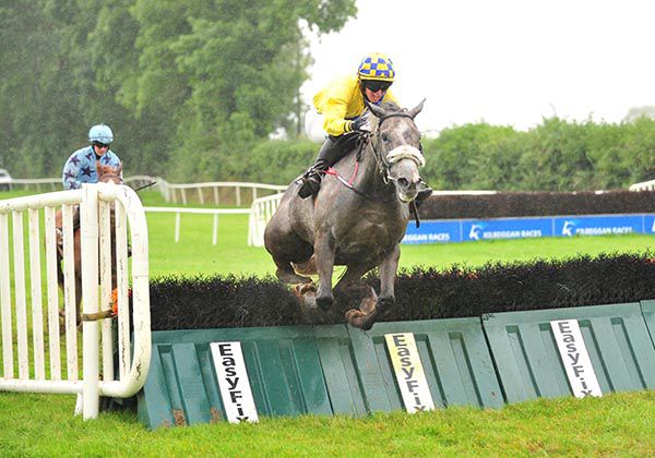 Pat Coyne and Darragh O'Keeffe jump the last to win the Follow Kilbeggan Races On Facebook (C & G) Maiden Hurdle