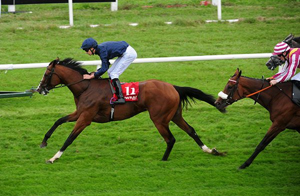 GODDESS and Donnacha O Brien (left) win the Irish Stallion Farms EBF Hurry Harriet Stakes. 