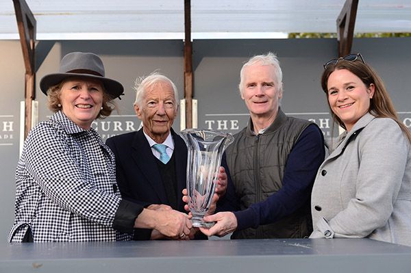 Presentation by Lester Piggott after Ultra Pride won for trainer Sheila Lavery, her brother John and niece Joanne 