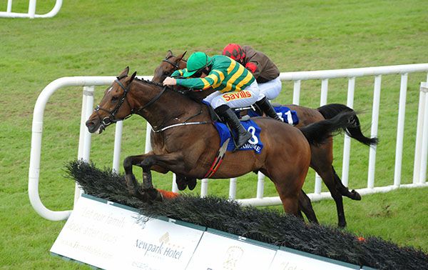 WESTMEAD and Sean Flanagan (near side)   jump the last at Tramore. 