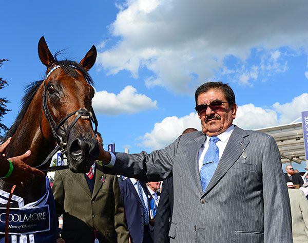 The late Sheikh Hamdan Al Maktoum with Battaash after his 2019 Coolmore Nunthorpe Stakes win