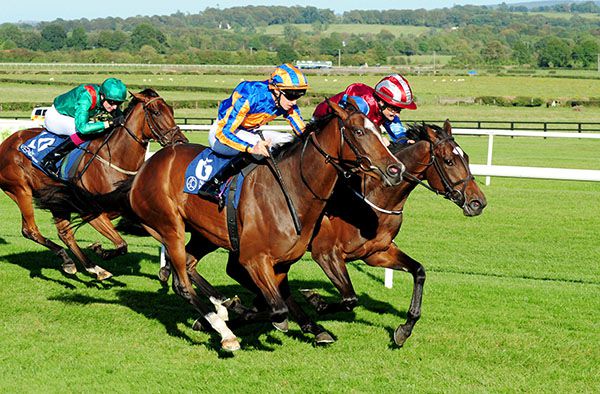 Fancy Blue and Donnacha O'Brien (nearside) get there to beat Chasing The Dawn (Shane Foley)