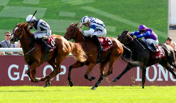 Albigna (left) winning the Prix Marcel Boussac (Group 1) at ParisLongchamp last year